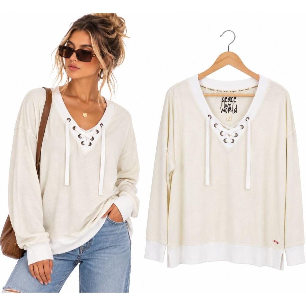 Peace Love World Lace Up Pullover Top Size Large Long Ivory Stripe